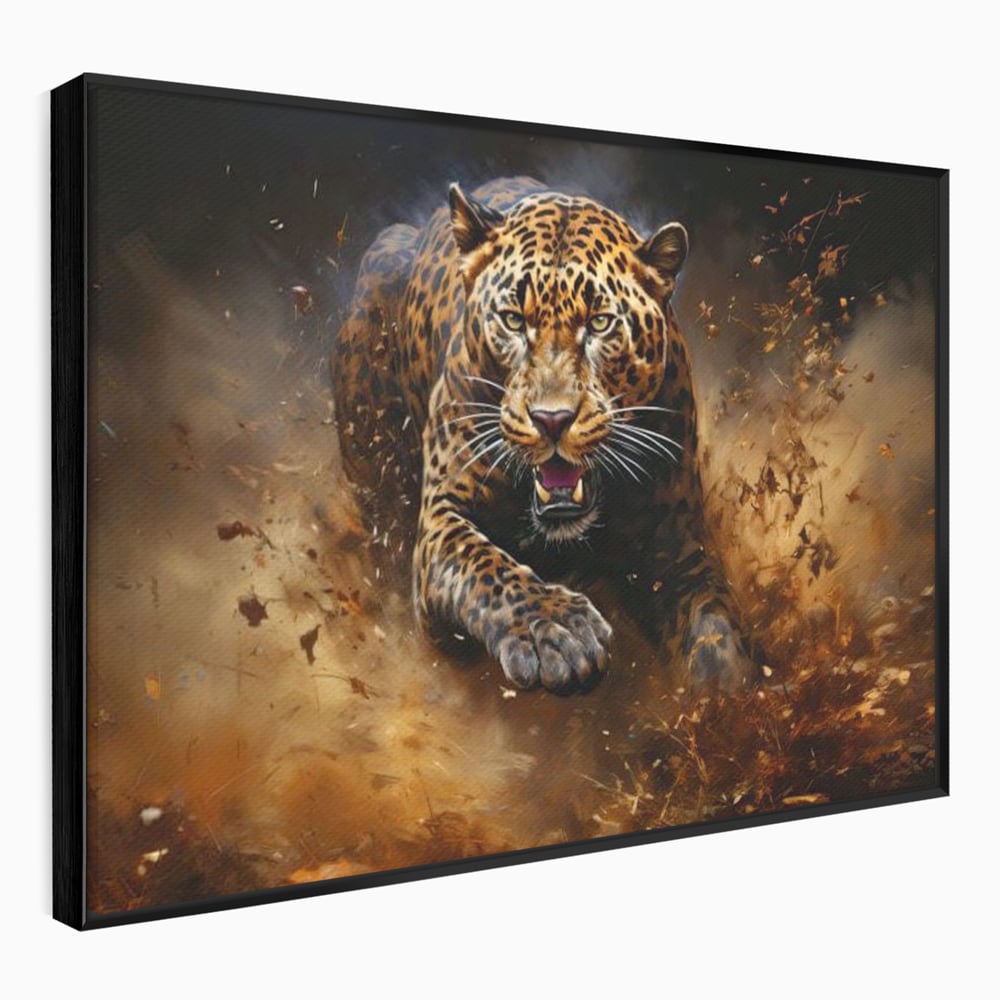 Leinwand Wandkunst Canvas Premium, LuxCanva® M1169, Feline Tornado, Leopard, Geschwindigkeit, Wild, Jagd, Feline, Tier, Natur, Dschungel, Dynamik, Kraft, Staub, Mut, Büro, Wohnen, Kinderzimmer