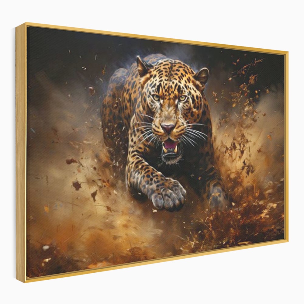 Leinwand Wandkunst Canvas Premium, LuxCanva® M1169, Feline Tornado, Leopard, Geschwindigkeit, Wild, Jagd, Feline, Tier, Natur, Dschungel, Dynamik, Kraft, Staub, Mut, Büro, Wohnen, Kinderzimmer