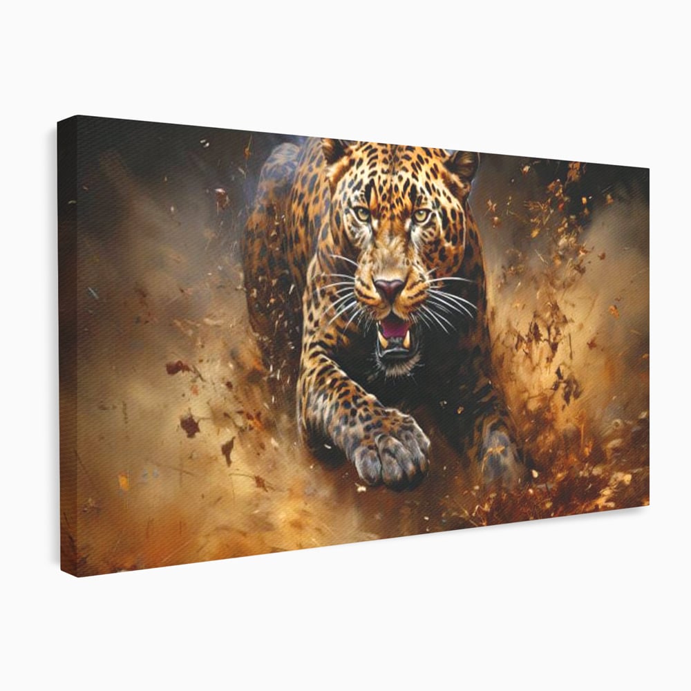 Leinwand Wandkunst Canvas Premium, LuxCanva® M1169, Feline Tornado, Leopard, Geschwindigkeit, Wild, Jagd, Feline, Tier, Natur, Dschungel, Dynamik, Kraft, Staub, Mut, Büro, Wohnen, Kinderzimmer