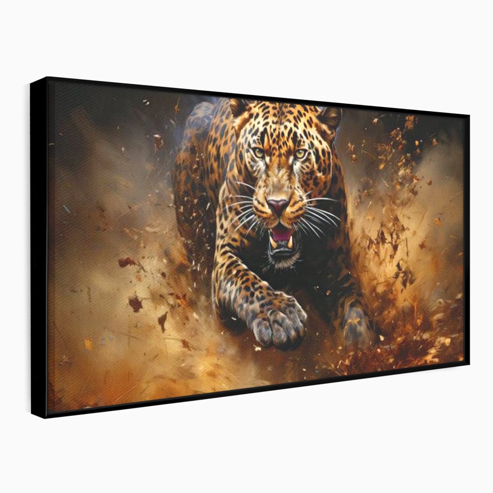 Leinwand Wandkunst Canvas Premium, LuxCanva® M1169, Feline Tornado, Leopard, Geschwindigkeit, Wild, Jagd, Feline, Tier, Natur, Dschungel, Dynamik, Kraft, Staub, Mut, Büro, Wohnen, Kinderzimmer