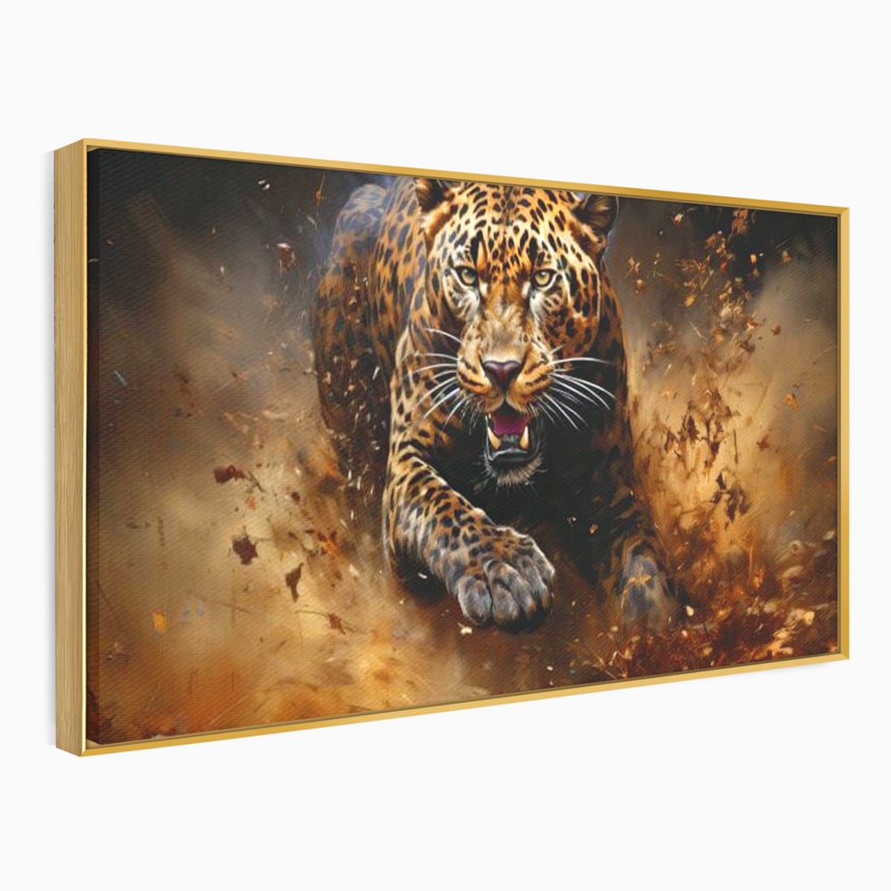Leinwand Wandkunst Canvas Premium, LuxCanva® M1169, Feline Tornado, Leopard, Geschwindigkeit, Wild, Jagd, Feline, Tier, Natur, Dschungel, Dynamik, Kraft, Staub, Mut, Büro, Wohnen, Kinderzimmer