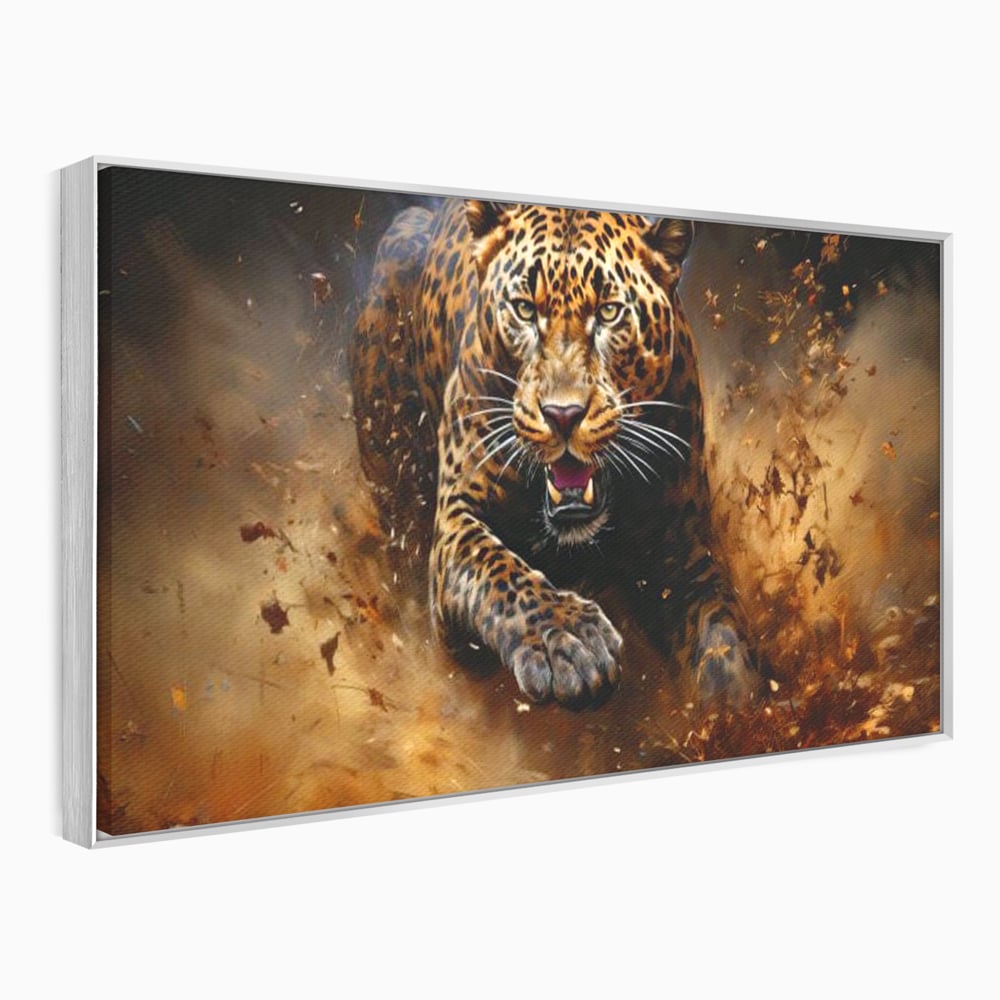 Leinwand Wandkunst Canvas Premium, LuxCanva® M1169, Feline Tornado, Leopard, Geschwindigkeit, Wild, Jagd, Feline, Tier, Natur, Dschungel, Dynamik, Kraft, Staub, Mut, Büro, Wohnen, Kinderzimmer