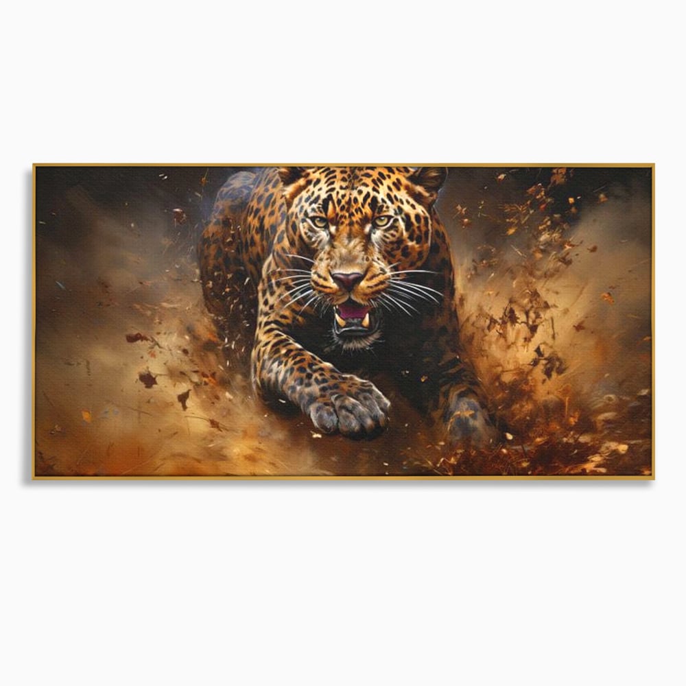 Leinwand Wandkunst Canvas Premium, LuxCanva® M1169, Feline Tornado, Leopard, Geschwindigkeit, Wild, Jagd, Feline, Tier, Natur, Dschungel, Dynamik, Kraft, Staub, Mut, Büro, Wohnen, Kinderzimmer