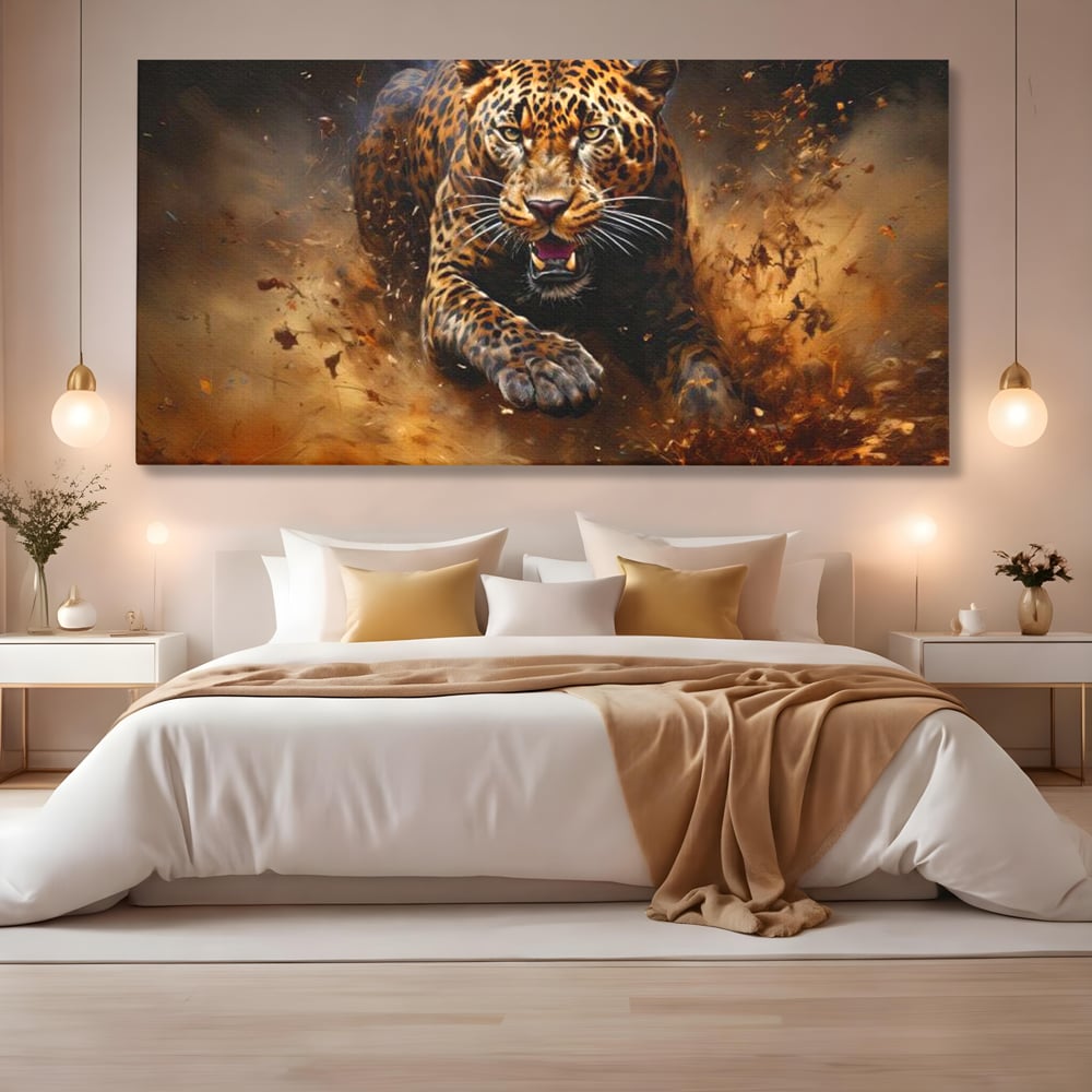 Leinwand Wandkunst Canvas Premium, LuxCanva® M1169, Feline Tornado, Leopard, Geschwindigkeit, Wild, Jagd, Feline, Tier, Natur, Dschungel, Dynamik, Kraft, Staub, Mut, Büro, Wohnen, Kinderzimmer