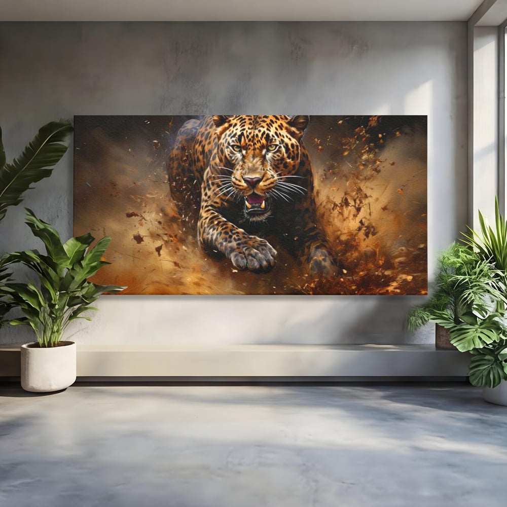 Leinwand Wandkunst Canvas Premium, LuxCanva® M1169, Feline Tornado, Leopard, Geschwindigkeit, Wild, Jagd, Feline, Tier, Natur, Dschungel, Dynamik, Kraft, Staub, Mut, Büro, Wohnen, Kinderzimmer