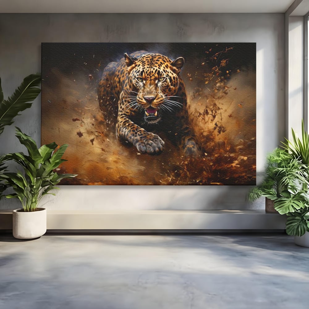 Leinwand Wandkunst Canvas Premium, LuxCanva® M1169, Feline Tornado, Leopard, Geschwindigkeit, Wild, Jagd, Feline, Tier, Natur, Dschungel, Dynamik, Kraft, Staub, Mut, Büro, Wohnen, Kinderzimmer