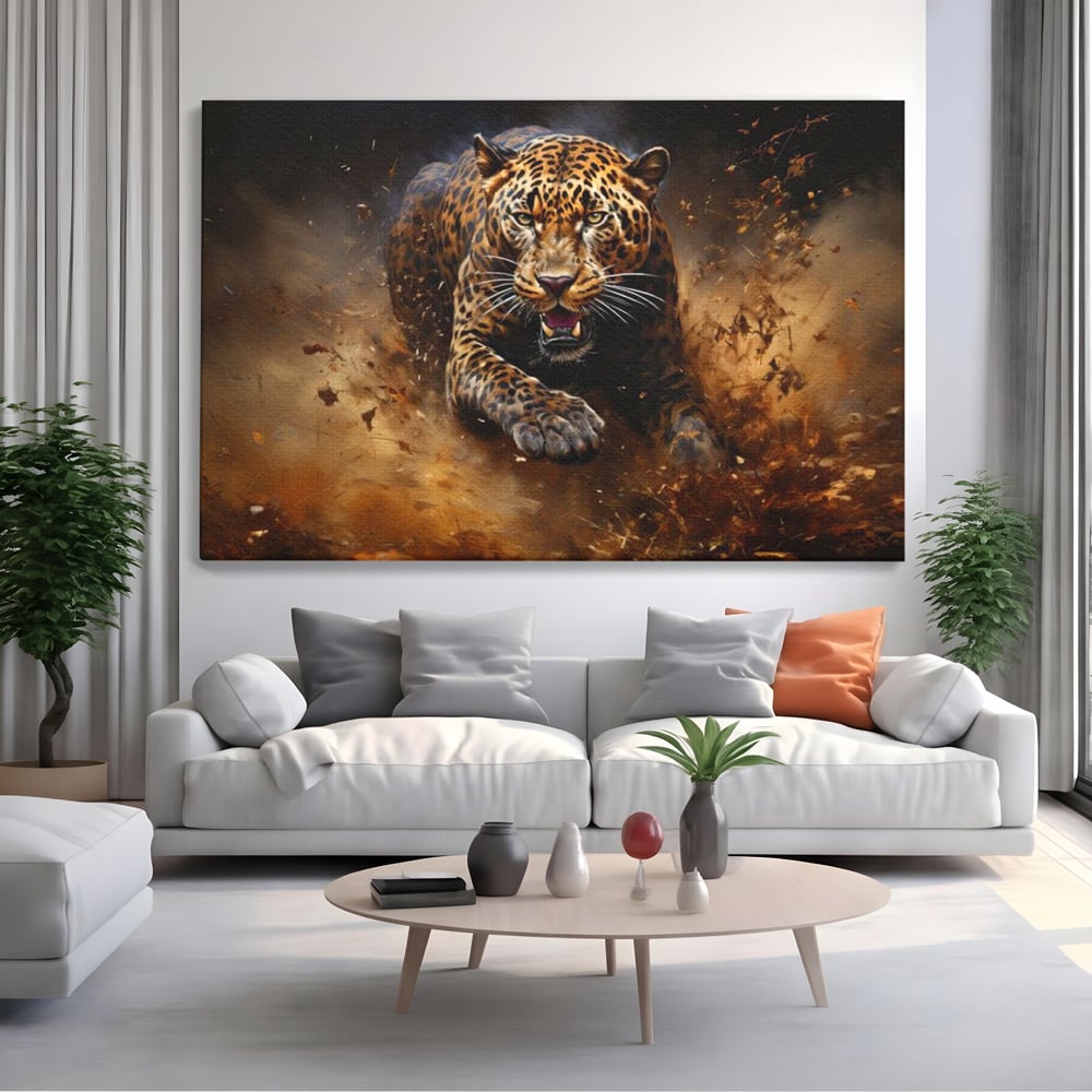 Leinwand Wandkunst Canvas Premium, LuxCanva® M1169, Feline Tornado, Leopard, Geschwindigkeit, Wild, Jagd, Feline, Tier, Natur, Dschungel, Dynamik, Kraft, Staub, Mut, Büro, Wohnen, Kinderzimmer