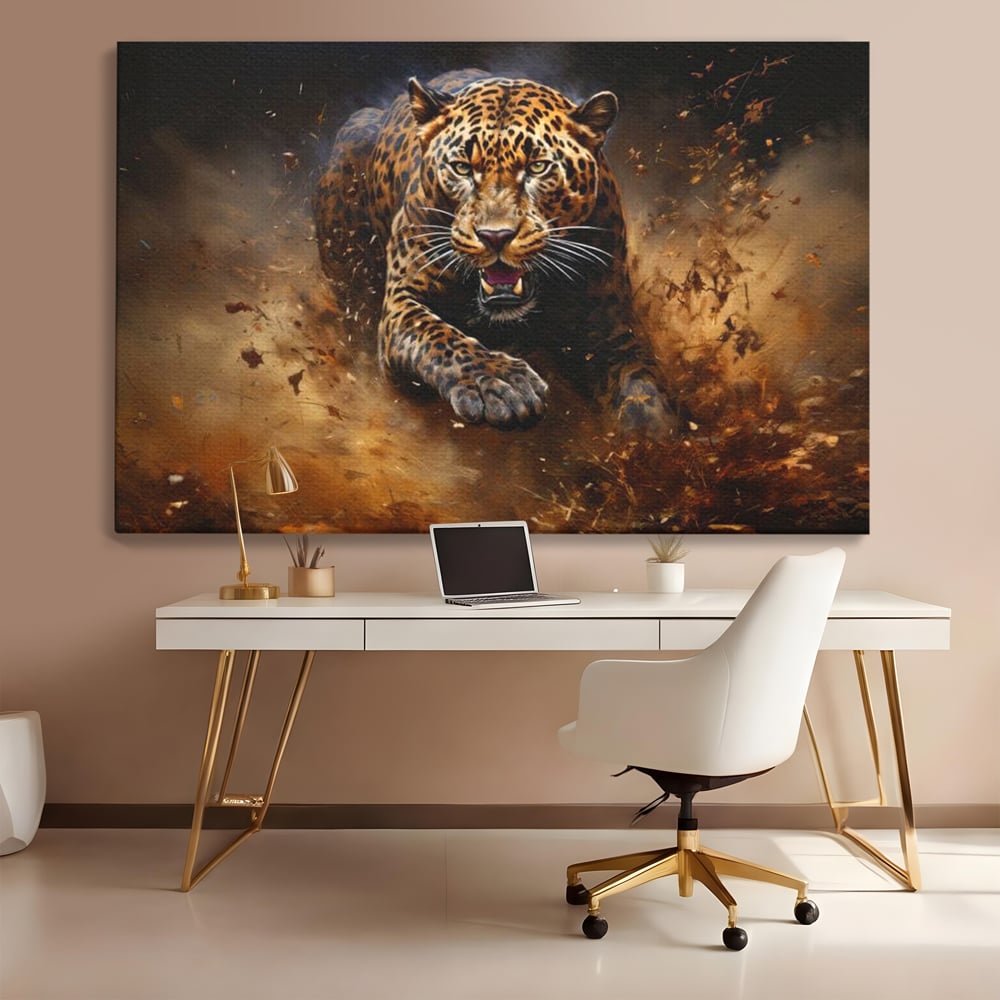 Leinwand Wandkunst Canvas Premium, LuxCanva® M1169, Feline Tornado, Leopard, Geschwindigkeit, Wild, Jagd, Feline, Tier, Natur, Dschungel, Dynamik, Kraft, Staub, Mut, Büro, Wohnen, Kinderzimmer