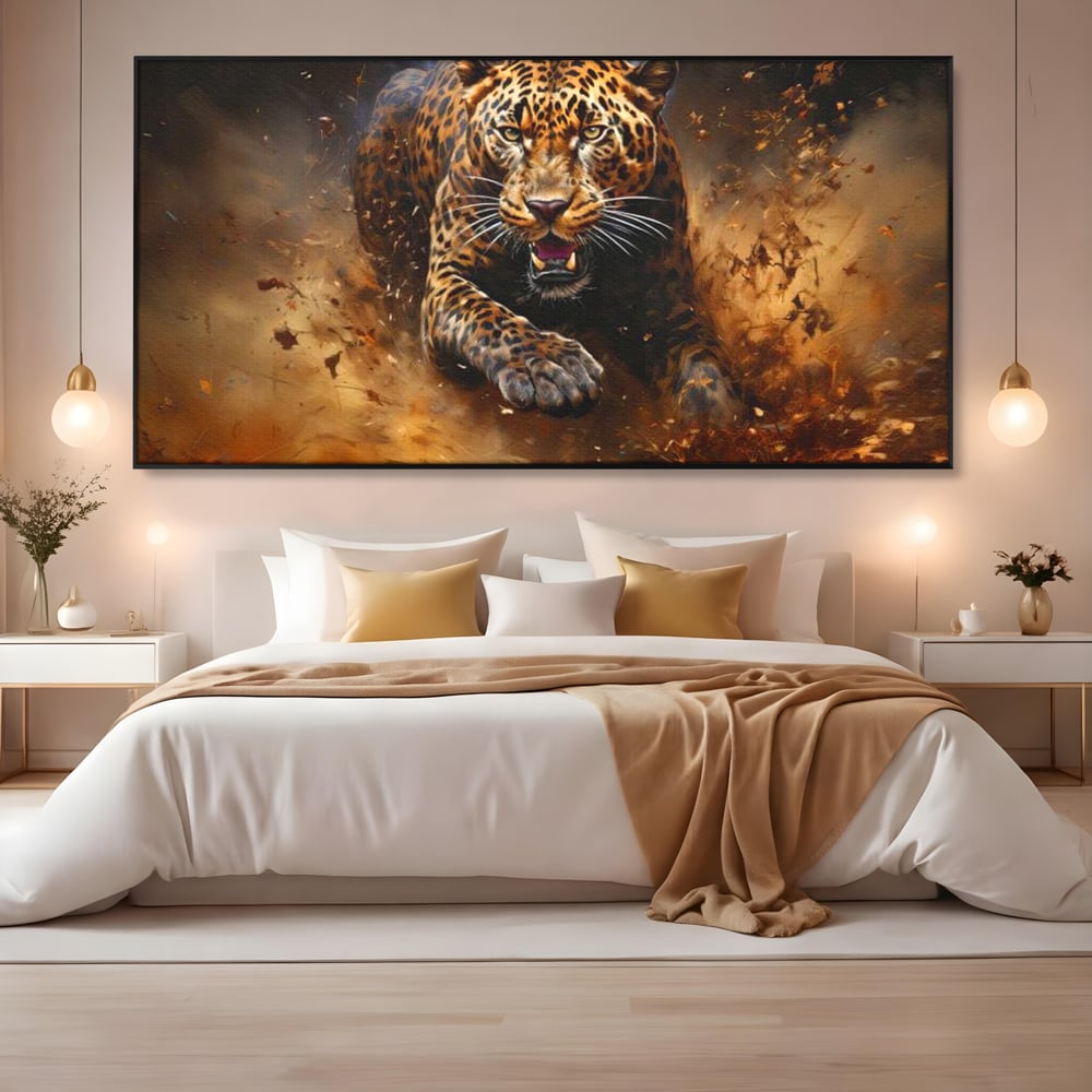 Leinwand Wandkunst Canvas Premium, LuxCanva® M1169, Feline Tornado, Leopard, Geschwindigkeit, Wild, Jagd, Feline, Tier, Natur, Dschungel, Dynamik, Kraft, Staub, Mut, Büro, Wohnen, Kinderzimmer