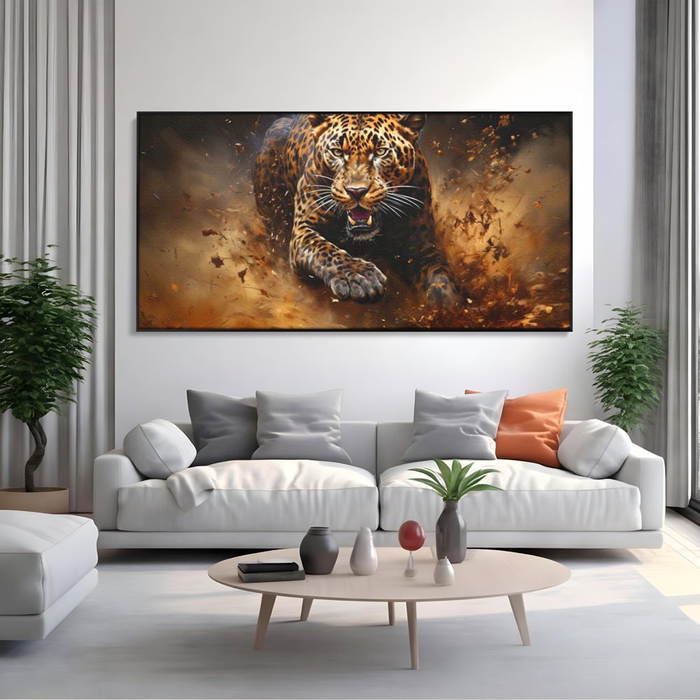Leinwand Wandkunst Canvas Premium, LuxCanva® M1169, Feline Tornado, Leopard, Geschwindigkeit, Wild, Jagd, Feline, Tier, Natur, Dschungel, Dynamik, Kraft, Staub, Mut, Büro, Wohnen, Kinderzimmer