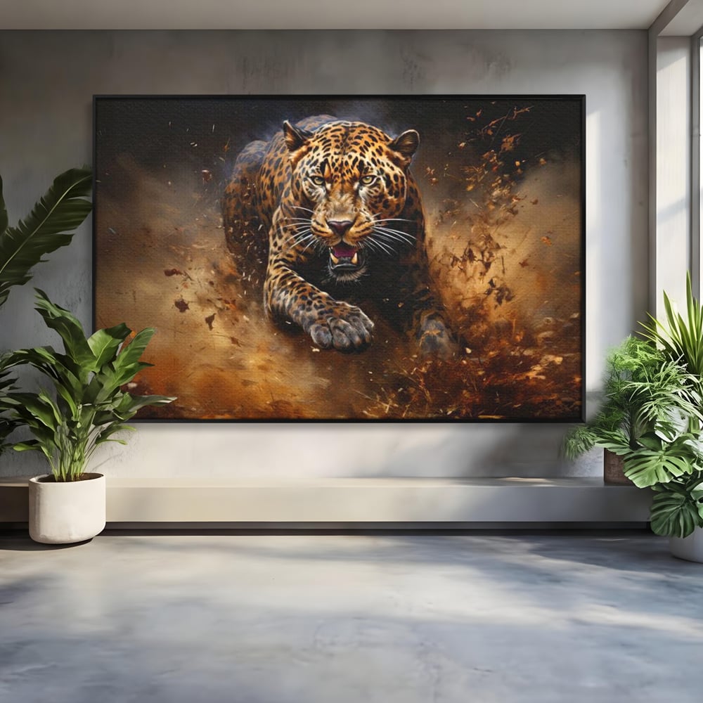 Leinwand Wandkunst Canvas Premium, LuxCanva® M1169, Feline Tornado, Leopard, Geschwindigkeit, Wild, Jagd, Feline, Tier, Natur, Dschungel, Dynamik, Kraft, Staub, Mut, Büro, Wohnen, Kinderzimmer