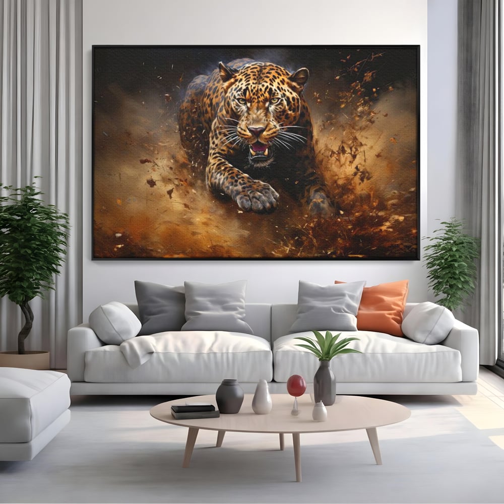 Leinwand Wandkunst Canvas Premium, LuxCanva® M1169, Feline Tornado, Leopard, Geschwindigkeit, Wild, Jagd, Feline, Tier, Natur, Dschungel, Dynamik, Kraft, Staub, Mut, Büro, Wohnen, Kinderzimmer