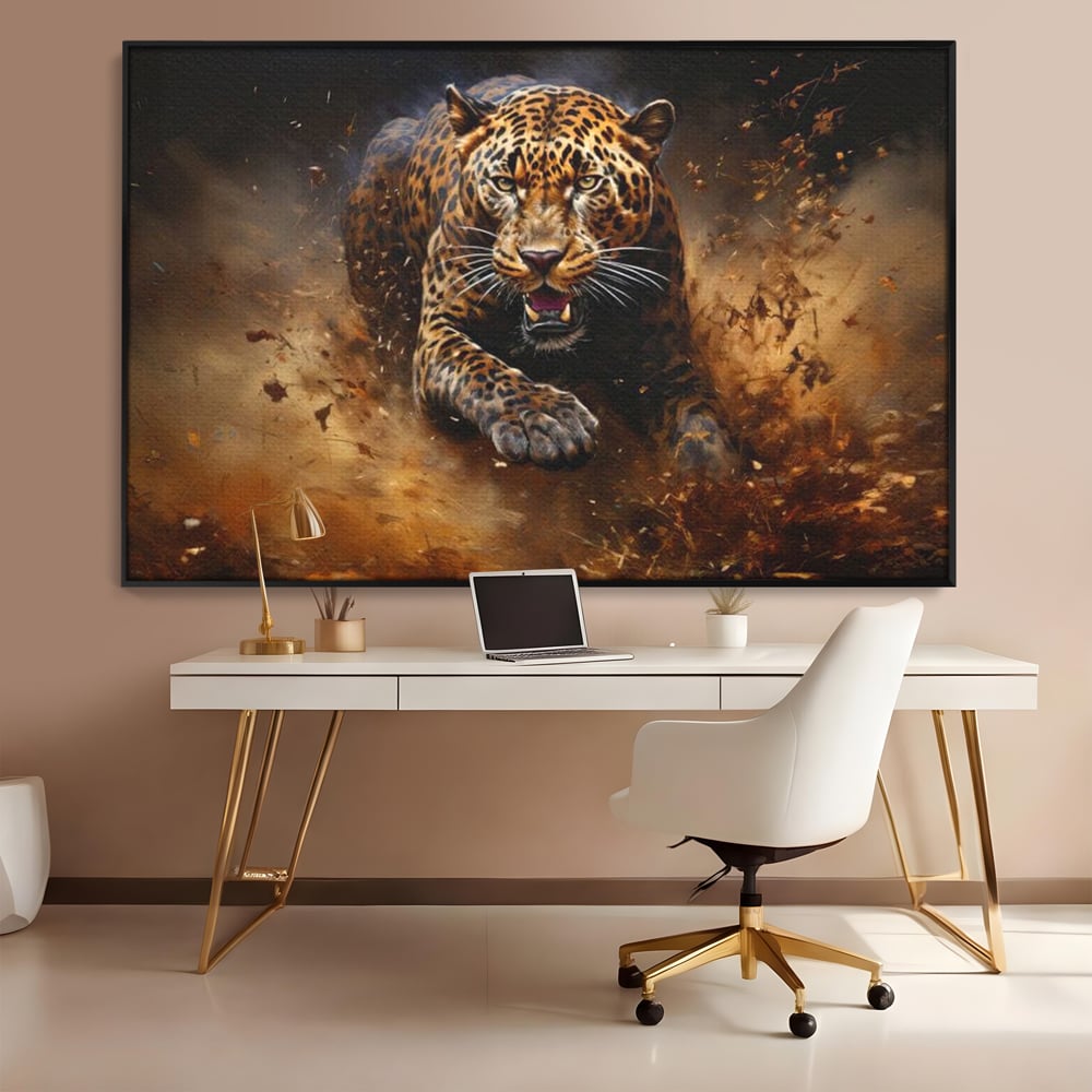 Leinwand Wandkunst Canvas Premium, LuxCanva® M1169, Feline Tornado, Leopard, Geschwindigkeit, Wild, Jagd, Feline, Tier, Natur, Dschungel, Dynamik, Kraft, Staub, Mut, Büro, Wohnen, Kinderzimmer