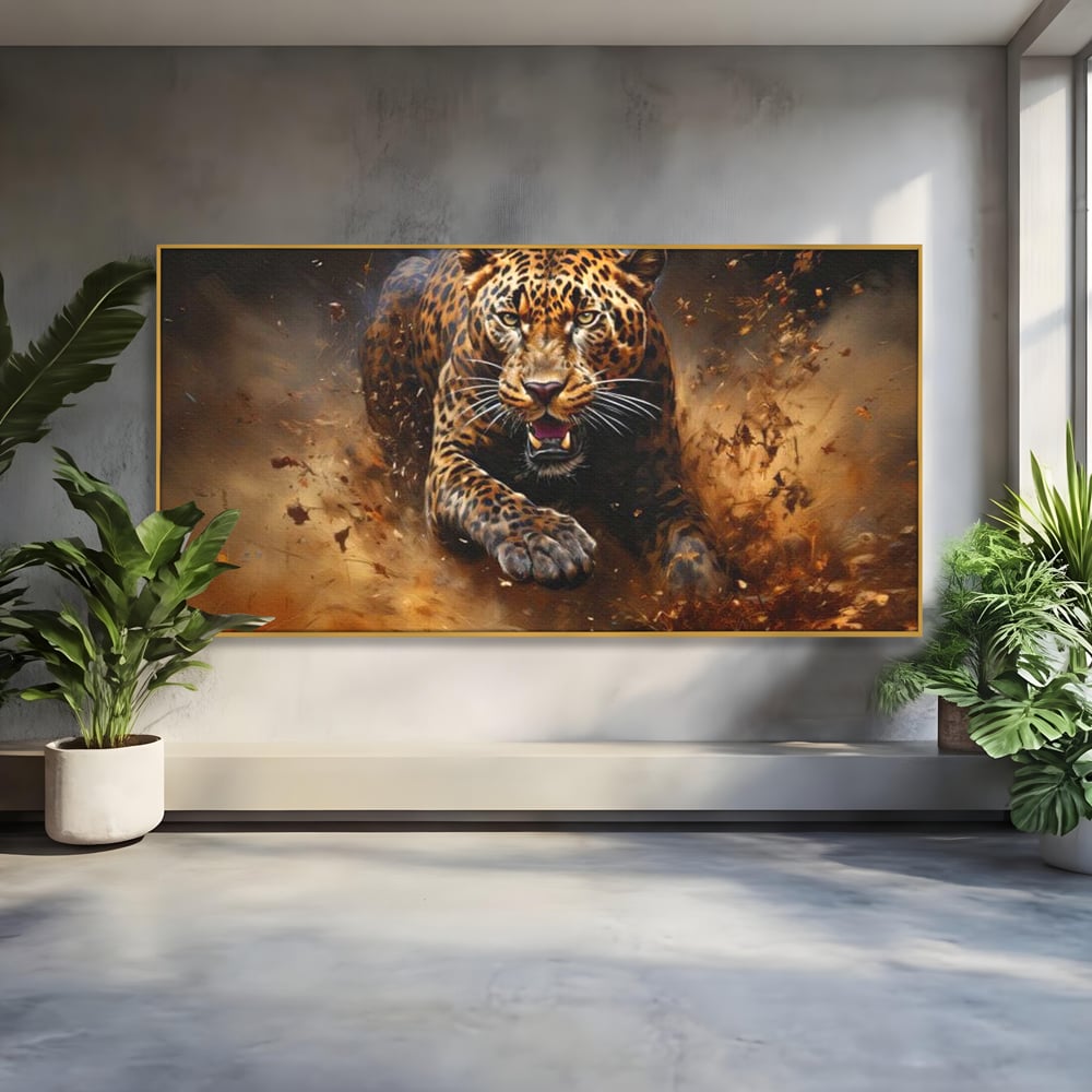 Leinwand Wandkunst Canvas Premium, LuxCanva® M1169, Feline Tornado, Leopard, Geschwindigkeit, Wild, Jagd, Feline, Tier, Natur, Dschungel, Dynamik, Kraft, Staub, Mut, Büro, Wohnen, Kinderzimmer