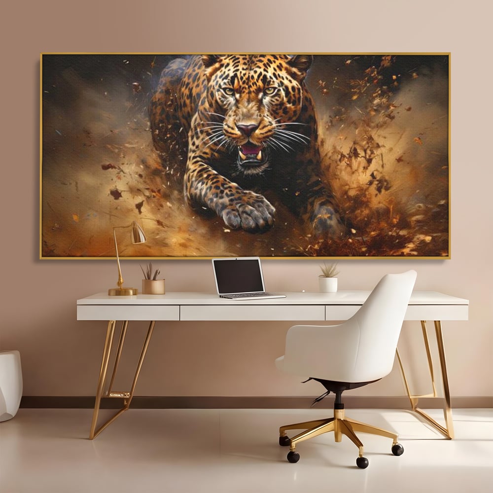 Leinwand Wandkunst Canvas Premium, LuxCanva® M1169, Feline Tornado, Leopard, Geschwindigkeit, Wild, Jagd, Feline, Tier, Natur, Dschungel, Dynamik, Kraft, Staub, Mut, Büro, Wohnen, Kinderzimmer