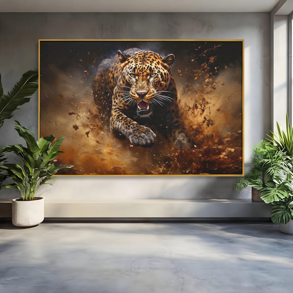 Leinwand Wandkunst Canvas Premium, LuxCanva® M1169, Feline Tornado, Leopard, Geschwindigkeit, Wild, Jagd, Feline, Tier, Natur, Dschungel, Dynamik, Kraft, Staub, Mut, Büro, Wohnen, Kinderzimmer
