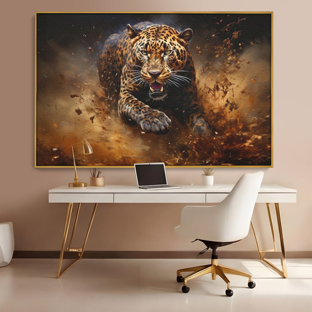 Leinwand Wandkunst Canvas Premium, LuxCanva® M1169, Feline Tornado, Leopard, Geschwindigkeit, Wild, Jagd, Feline, Tier, Natur, Dschungel, Dynamik, Kraft, Staub, Mut, Büro, Wohnen, Kinderzimmer