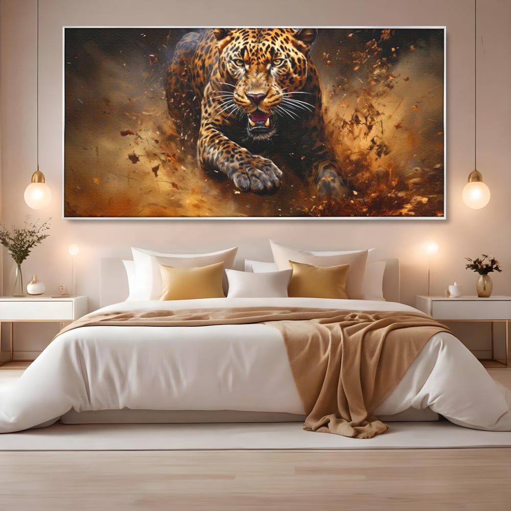 Leinwand Wandkunst Canvas Premium, LuxCanva® M1169, Feline Tornado, Leopard, Geschwindigkeit, Wild, Jagd, Feline, Tier, Natur, Dschungel, Dynamik, Kraft, Staub, Mut, Büro, Wohnen, Kinderzimmer