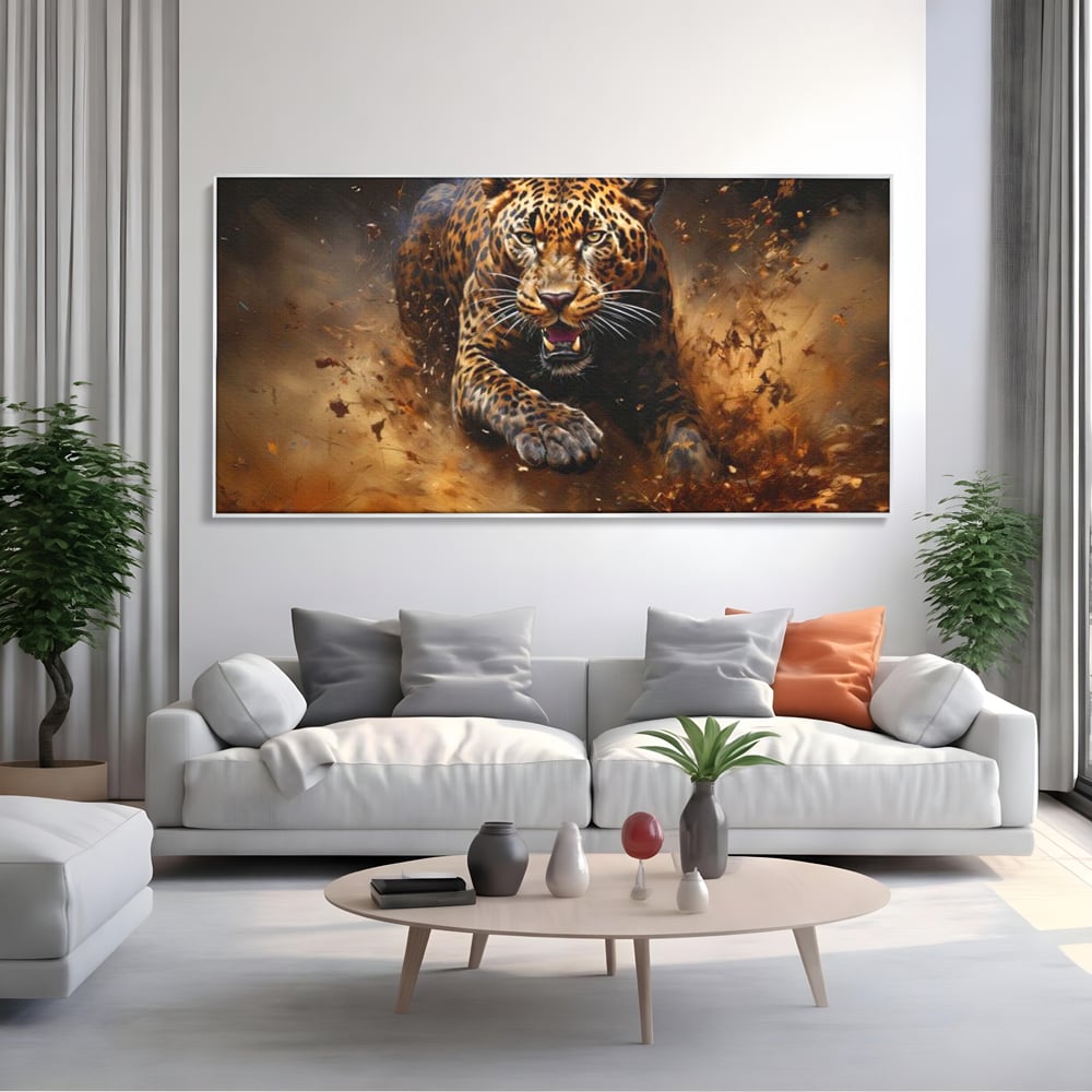 Leinwand Wandkunst Canvas Premium, LuxCanva® M1169, Feline Tornado, Leopard, Geschwindigkeit, Wild, Jagd, Feline, Tier, Natur, Dschungel, Dynamik, Kraft, Staub, Mut, Büro, Wohnen, Kinderzimmer