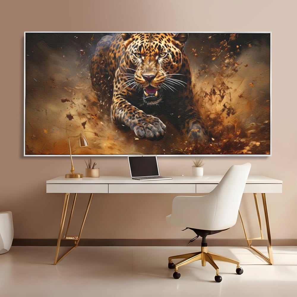Leinwand Wandkunst Canvas Premium, LuxCanva® M1169, Feline Tornado, Leopard, Geschwindigkeit, Wild, Jagd, Feline, Tier, Natur, Dschungel, Dynamik, Kraft, Staub, Mut, Büro, Wohnen, Kinderzimmer