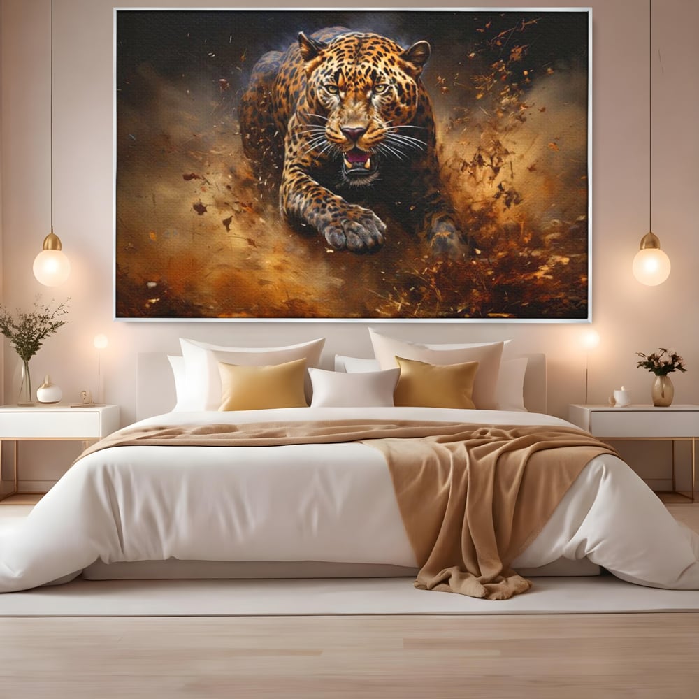 Leinwand Wandkunst Canvas Premium, LuxCanva® M1169, Feline Tornado, Leopard, Geschwindigkeit, Wild, Jagd, Feline, Tier, Natur, Dschungel, Dynamik, Kraft, Staub, Mut, Büro, Wohnen, Kinderzimmer