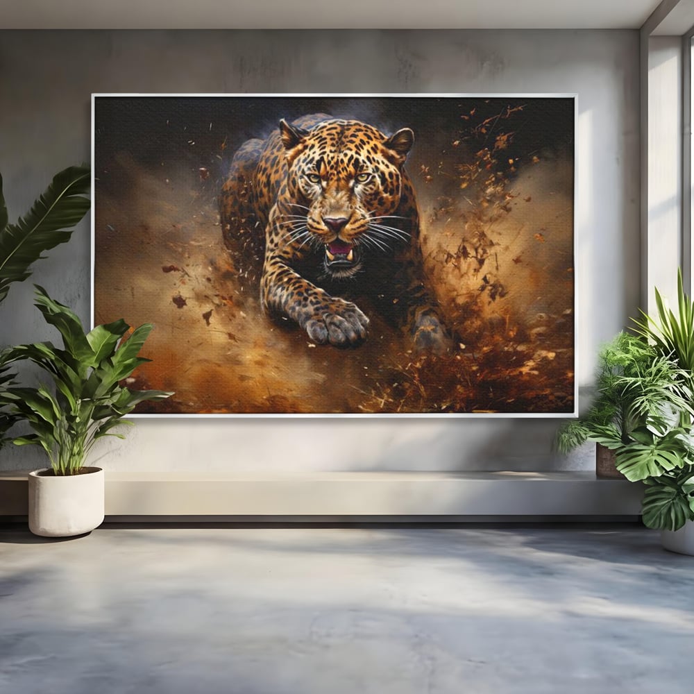 Leinwand Wandkunst Canvas Premium, LuxCanva® M1169, Feline Tornado, Leopard, Geschwindigkeit, Wild, Jagd, Feline, Tier, Natur, Dschungel, Dynamik, Kraft, Staub, Mut, Büro, Wohnen, Kinderzimmer