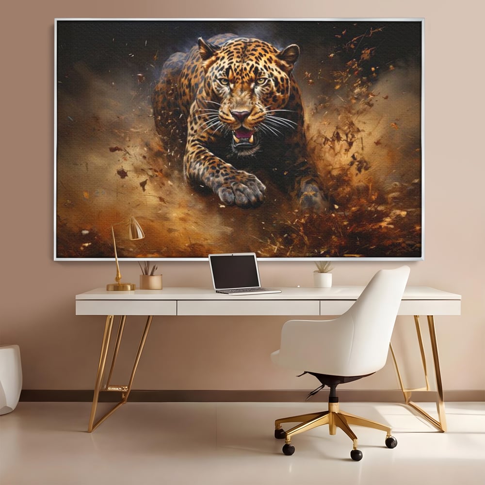 Leinwand Wandkunst Canvas Premium, LuxCanva® M1169, Feline Tornado, Leopard, Geschwindigkeit, Wild, Jagd, Feline, Tier, Natur, Dschungel, Dynamik, Kraft, Staub, Mut, Büro, Wohnen, Kinderzimmer