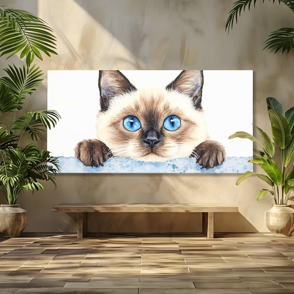 Leinwand Wandkunst Canvas Premium, LuxCanva® M1171, Little Explorer, Feline, Siam, Katze, Azure, Azure, Augen, Dragalas, Dragalas, Catnip, Katzen, Pouf, Portrait, Büro, Wohnen, Kinderzimmer