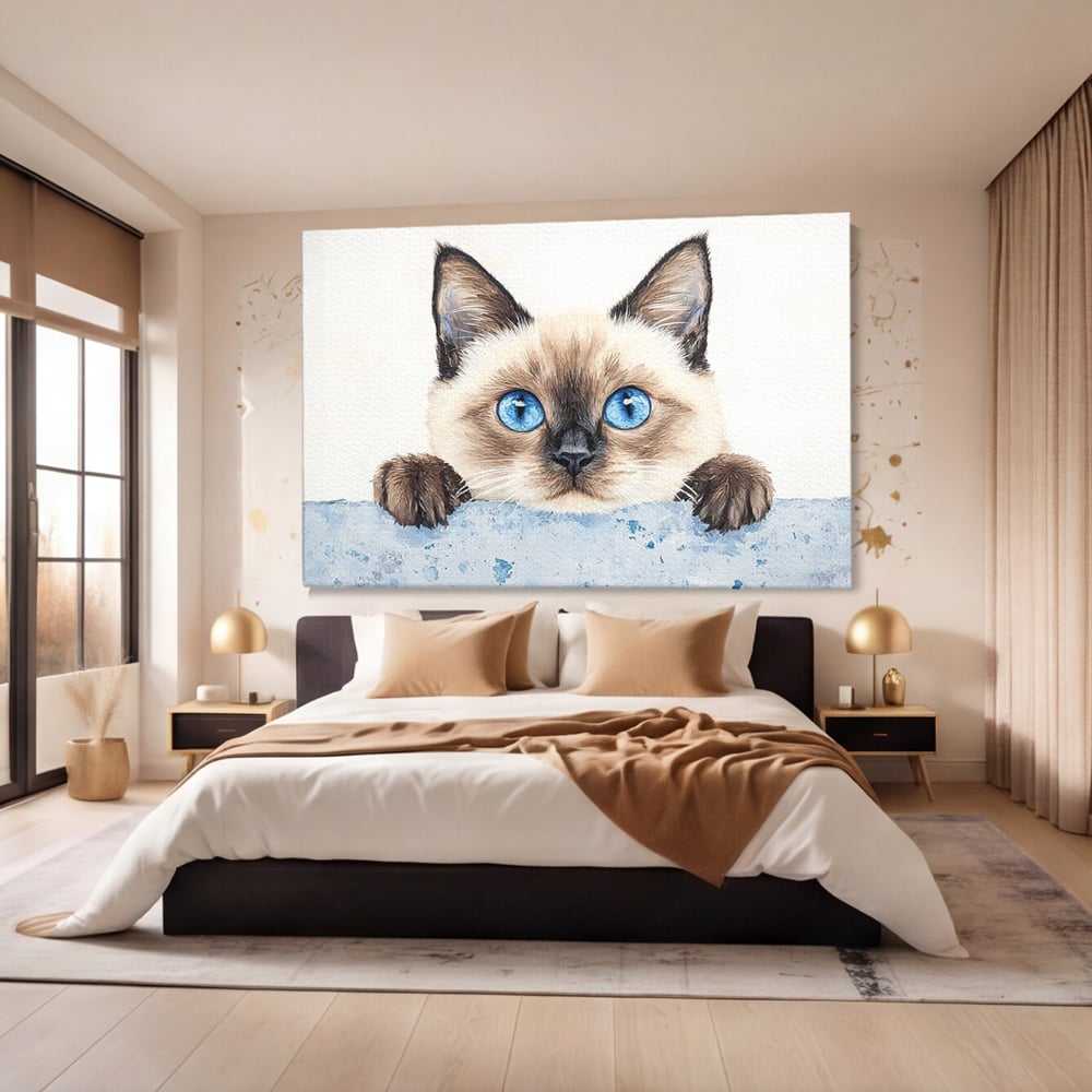Leinwand Wandkunst Canvas Premium, LuxCanva® M1171, Little Explorer, Feline, Siam, Katze, Azure, Azure, Augen, Dragalas, Dragalas, Catnip, Katzen, Pouf, Portrait, Büro, Wohnen, Kinderzimmer