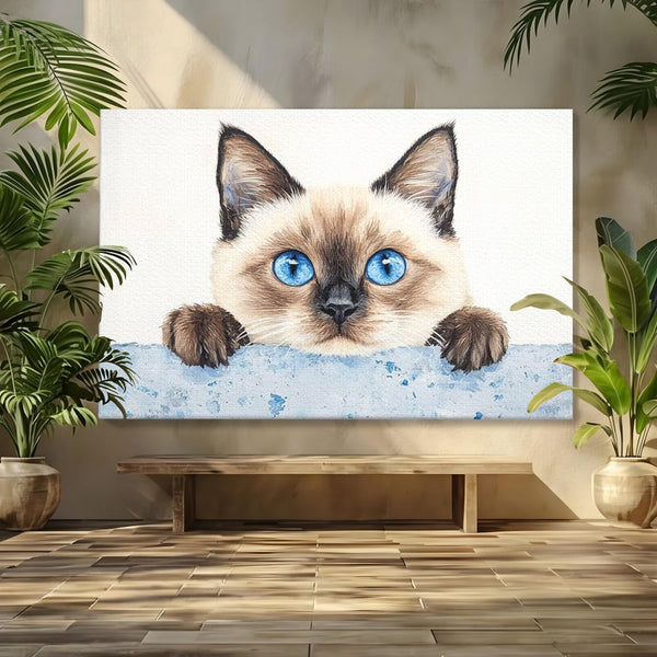 Leinwand Wandkunst Canvas Premium, LuxCanva® M1171, Little Explorer, Feline, Siam, Katze, Azure, Azure, Augen, Dragalas, Dragalas, Catnip, Katzen, Pouf, Portrait, Büro, Wohnen, Kinderzimmer