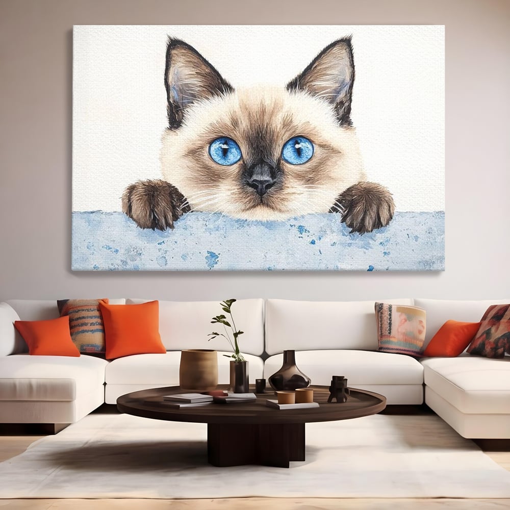 Leinwand Wandkunst Canvas Premium, LuxCanva® M1171, Little Explorer, Feline, Siam, Katze, Azure, Azure, Augen, Dragalas, Dragalas, Catnip, Katzen, Pouf, Portrait, Büro, Wohnen, Kinderzimmer