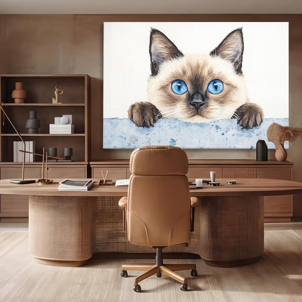 Leinwand Wandkunst Canvas Premium, LuxCanva® M1171, Little Explorer, Feline, Siam, Katze, Azure, Azure, Augen, Dragalas, Dragalas, Catnip, Katzen, Pouf, Portrait, Büro, Wohnen, Kinderzimmer
