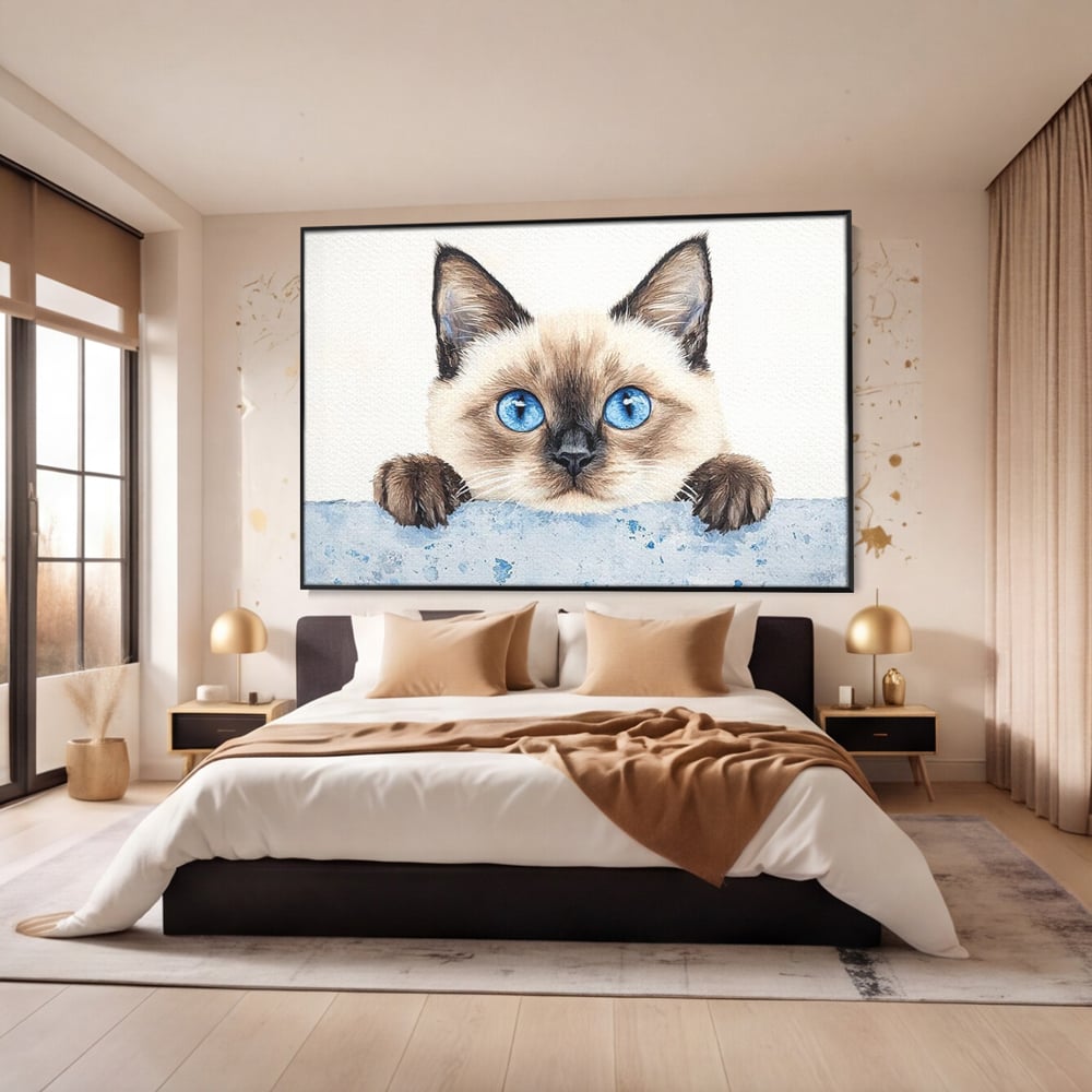 Leinwand Wandkunst Canvas Premium, LuxCanva® M1171, Little Explorer, Feline, Siam, Katze, Azure, Azure, Augen, Dragalas, Dragalas, Catnip, Katzen, Pouf, Portrait, Büro, Wohnen, Kinderzimmer