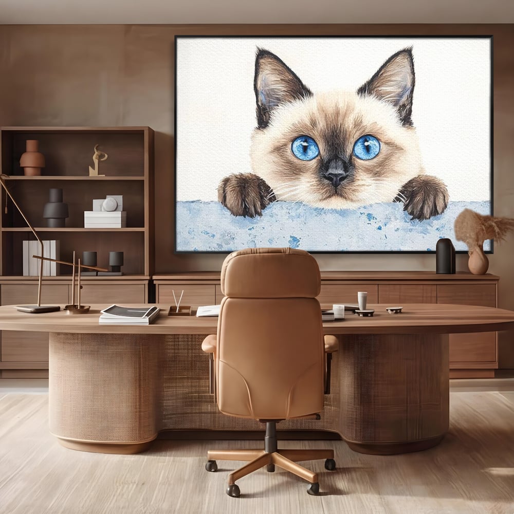 Leinwand Wandkunst Canvas Premium, LuxCanva® M1171, Little Explorer, Feline, Siam, Katze, Azure, Azure, Augen, Dragalas, Dragalas, Catnip, Katzen, Pouf, Portrait, Büro, Wohnen, Kinderzimmer