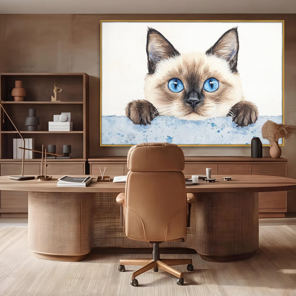Leinwand Wandkunst Canvas Premium, LuxCanva® M1171, Little Explorer, Feline, Siam, Katze, Azure, Azure, Augen, Dragalas, Dragalas, Catnip, Katzen, Pouf, Portrait, Büro, Wohnen, Kinderzimmer