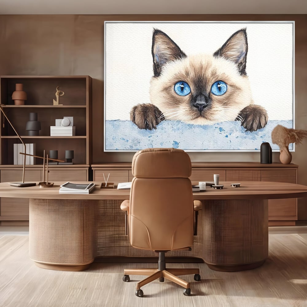 Leinwand Wandkunst Canvas Premium, LuxCanva® M1171, Little Explorer, Feline, Siam, Katze, Azure, Azure, Augen, Dragalas, Dragalas, Catnip, Katzen, Pouf, Portrait, Büro, Wohnen, Kinderzimmer