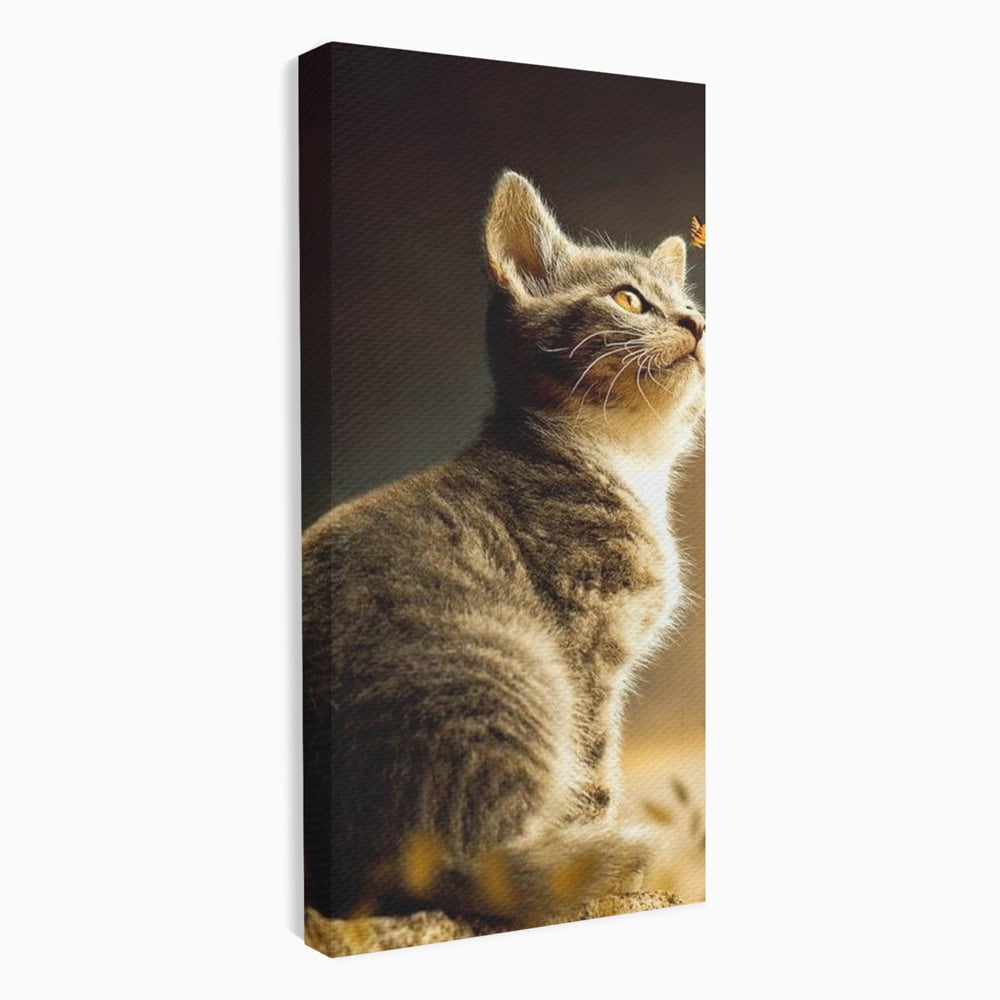 Tablou Canvas Premium, LuxCanva® M1172, Pisica si Fluturele, Fluture, Pisica, Prietenie, Natura, Felina, Gingas, Lumina, Copilarie, Pufos, Inocenta, Birou, Living, Camera Copil