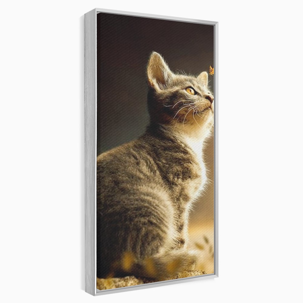 Tablou Canvas Premium, LuxCanva® M1172, Pisica si Fluturele, Fluture, Pisica, Prietenie, Natura, Felina, Gingas, Lumina, Copilarie, Pufos, Inocenta, Birou, Living, Camera Copil