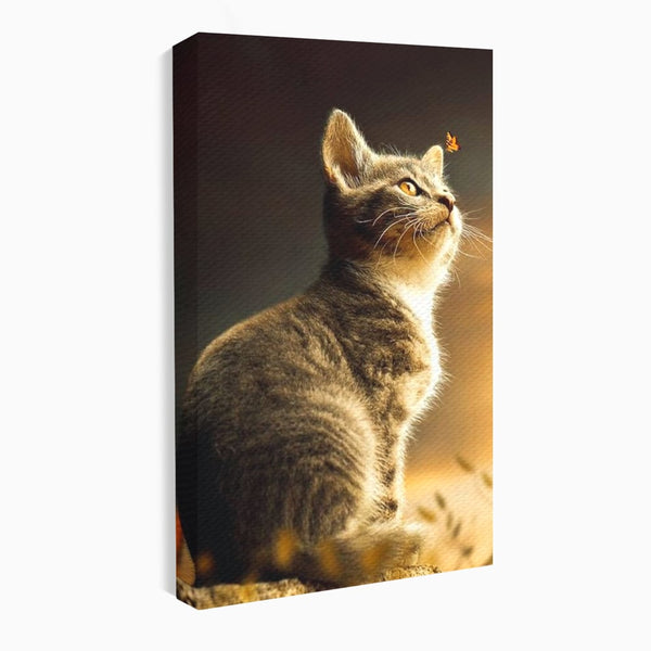 Tablou Canvas Premium, LuxCanva® M1172, Pisica si Fluturele, Fluture, Pisica, Prietenie, Natura, Felina, Gingas, Lumina, Copilarie, Pufos, Inocenta, Birou, Living, Camera Copil