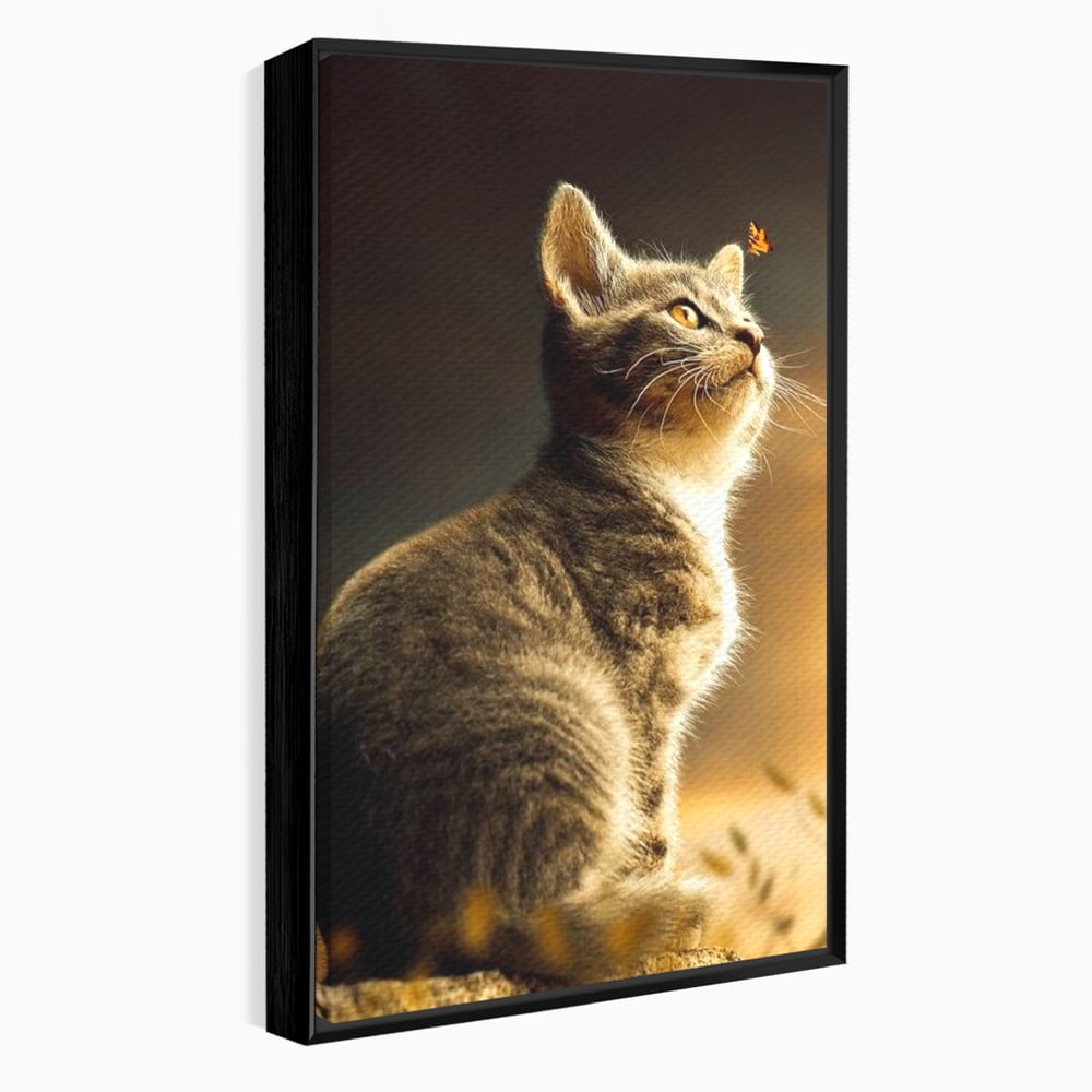 Tablou Canvas Premium, LuxCanva® M1172, Pisica si Fluturele, Fluture, Pisica, Prietenie, Natura, Felina, Gingas, Lumina, Copilarie, Pufos, Inocenta, Birou, Living, Camera Copil