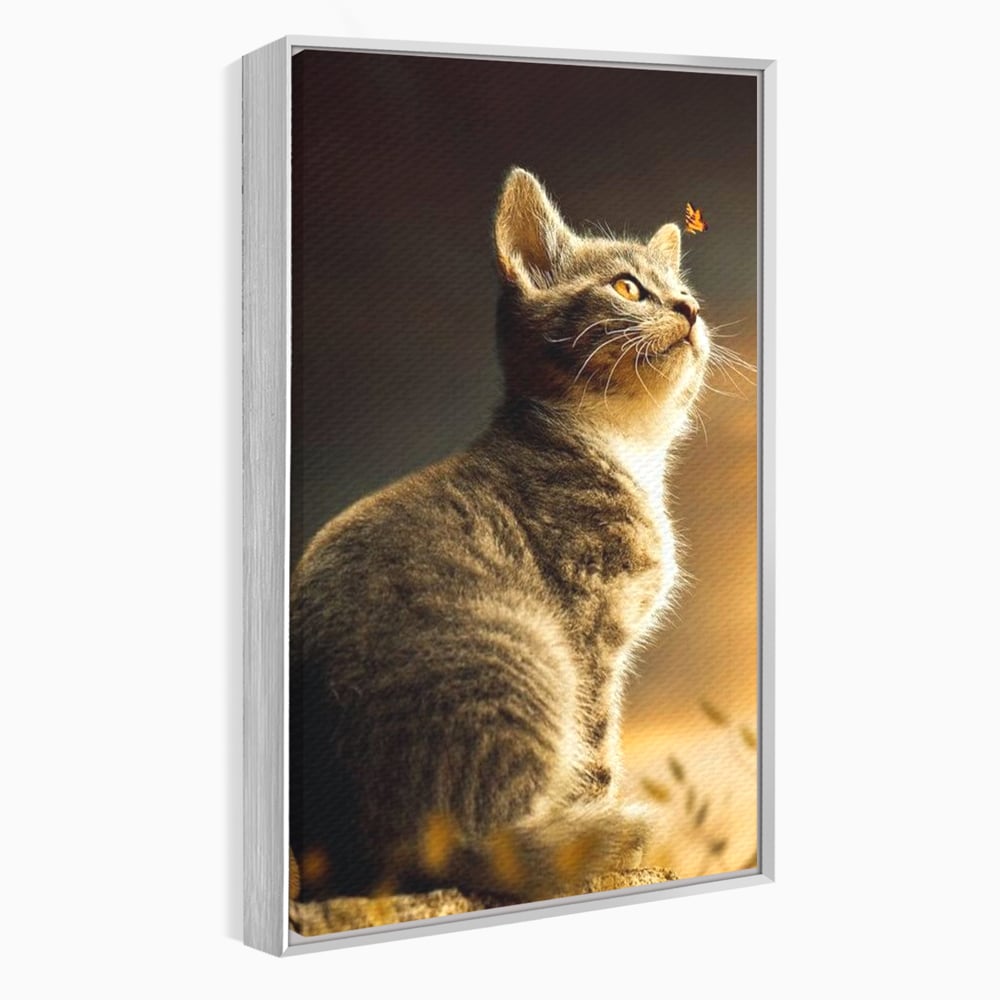 Tablou Canvas Premium, LuxCanva® M1172, Pisica si Fluturele, Fluture, Pisica, Prietenie, Natura, Felina, Gingas, Lumina, Copilarie, Pufos, Inocenta, Birou, Living, Camera Copil