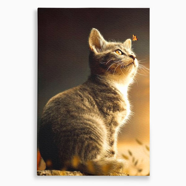 Tablou Canvas Premium, LuxCanva® M1172, Pisica si Fluturele, Fluture, Pisica, Prietenie, Natura, Felina, Gingas, Lumina, Copilarie, Pufos, Inocenta, Birou, Living, Camera Copil