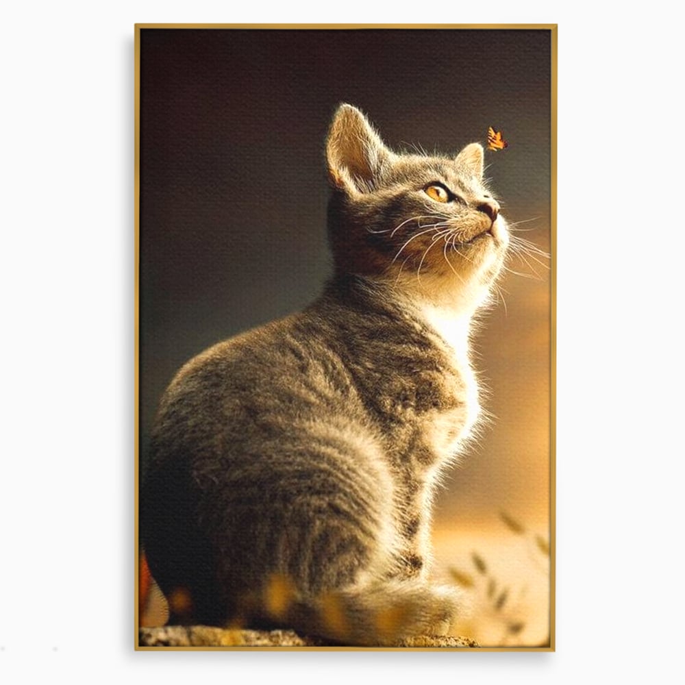Tablou Canvas Premium, LuxCanva® M1172, Pisica si Fluturele, Fluture, Pisica, Prietenie, Natura, Felina, Gingas, Lumina, Copilarie, Pufos, Inocenta, Birou, Living, Camera Copil