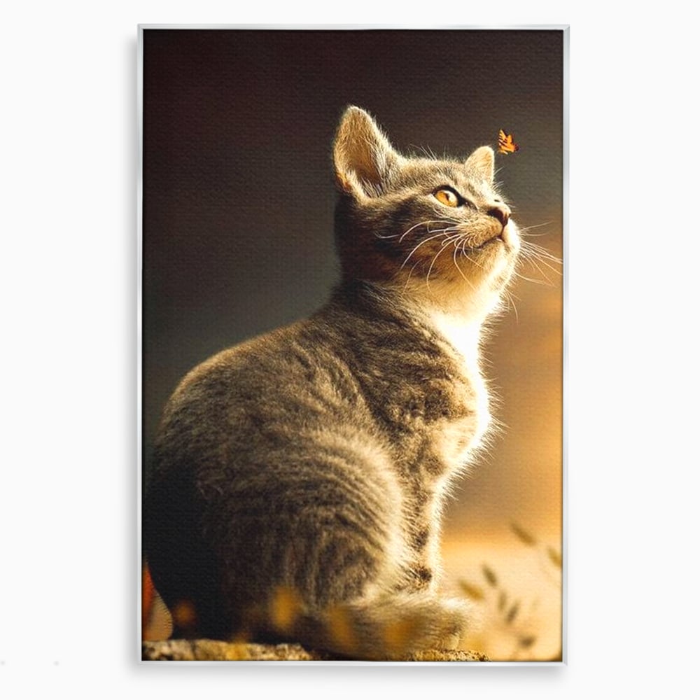 Tablou Canvas Premium, LuxCanva® M1172, Pisica si Fluturele, Fluture, Pisica, Prietenie, Natura, Felina, Gingas, Lumina, Copilarie, Pufos, Inocenta, Birou, Living, Camera Copil