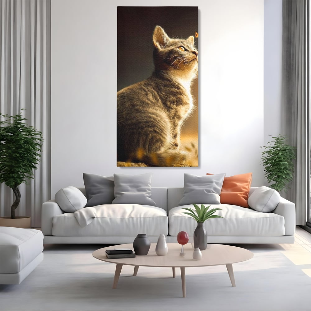 Tablou Canvas Premium, LuxCanva® M1172, Pisica si Fluturele, Fluture, Pisica, Prietenie, Natura, Felina, Gingas, Lumina, Copilarie, Pufos, Inocenta, Birou, Living, Camera Copil