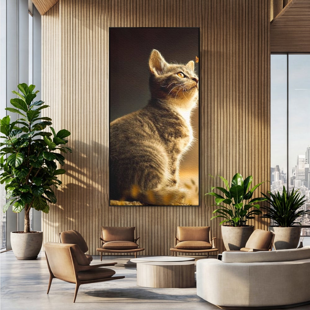 Tablou Canvas Premium, LuxCanva® M1172, Pisica si Fluturele, Fluture, Pisica, Prietenie, Natura, Felina, Gingas, Lumina, Copilarie, Pufos, Inocenta, Birou, Living, Camera Copil