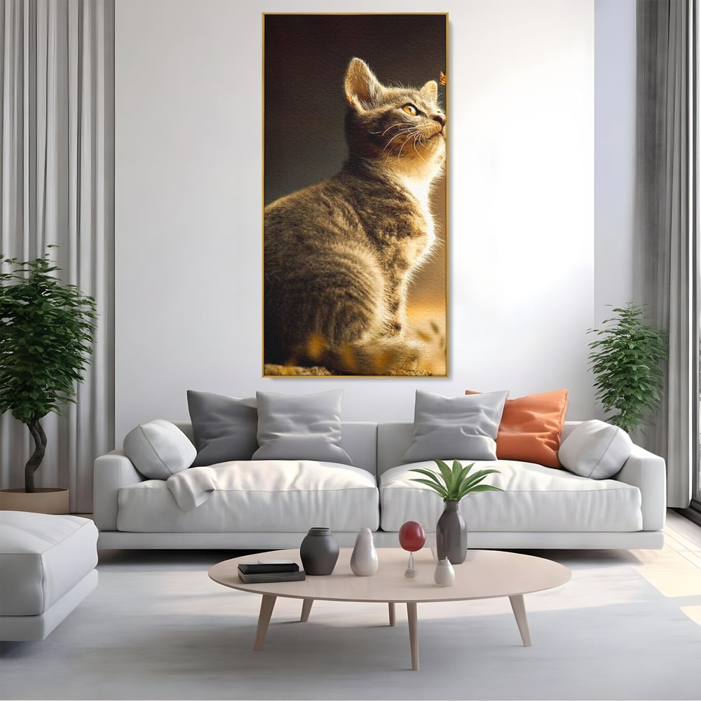 Tablou Canvas Premium, LuxCanva® M1172, Pisica si Fluturele, Fluture, Pisica, Prietenie, Natura, Felina, Gingas, Lumina, Copilarie, Pufos, Inocenta, Birou, Living, Camera Copil