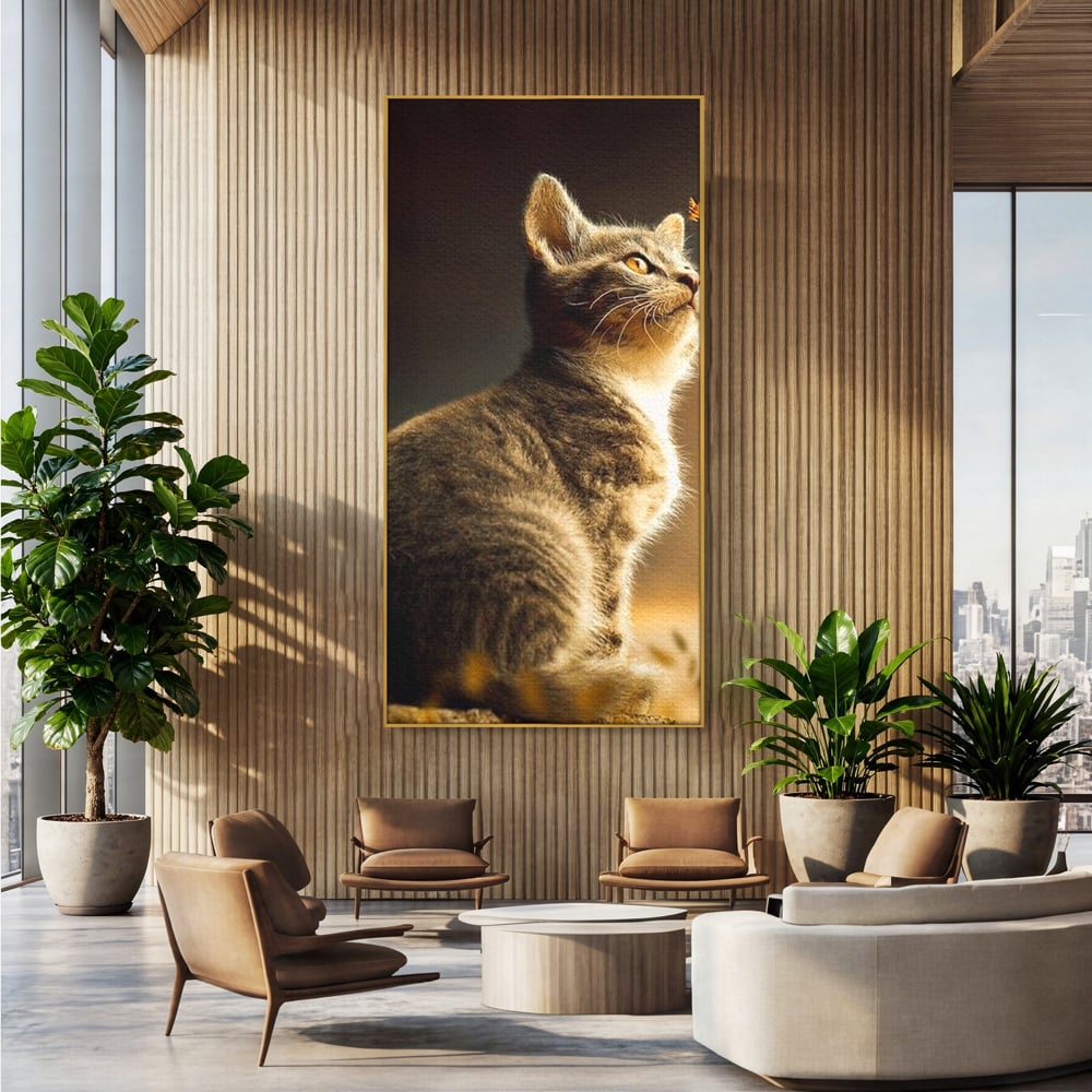 Tablou Canvas Premium, LuxCanva® M1172, Pisica si Fluturele, Fluture, Pisica, Prietenie, Natura, Felina, Gingas, Lumina, Copilarie, Pufos, Inocenta, Birou, Living, Camera Copil