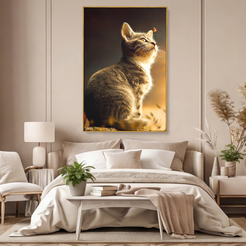 Tablou Canvas Premium, LuxCanva® M1172, Pisica si Fluturele, Fluture, Pisica, Prietenie, Natura, Felina, Gingas, Lumina, Copilarie, Pufos, Inocenta, Birou, Living, Camera Copil