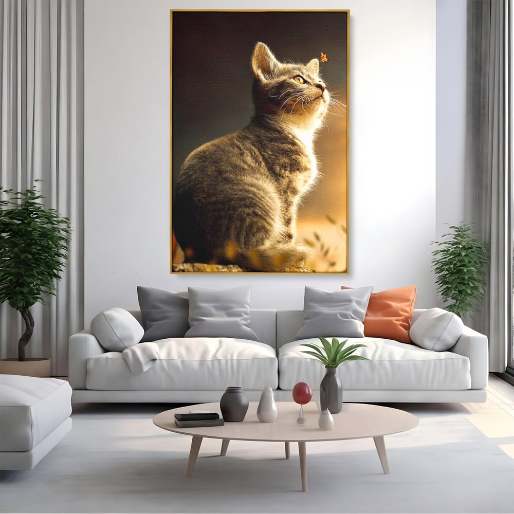 Tablou Canvas Premium, LuxCanva® M1172, Pisica si Fluturele, Fluture, Pisica, Prietenie, Natura, Felina, Gingas, Lumina, Copilarie, Pufos, Inocenta, Birou, Living, Camera Copil